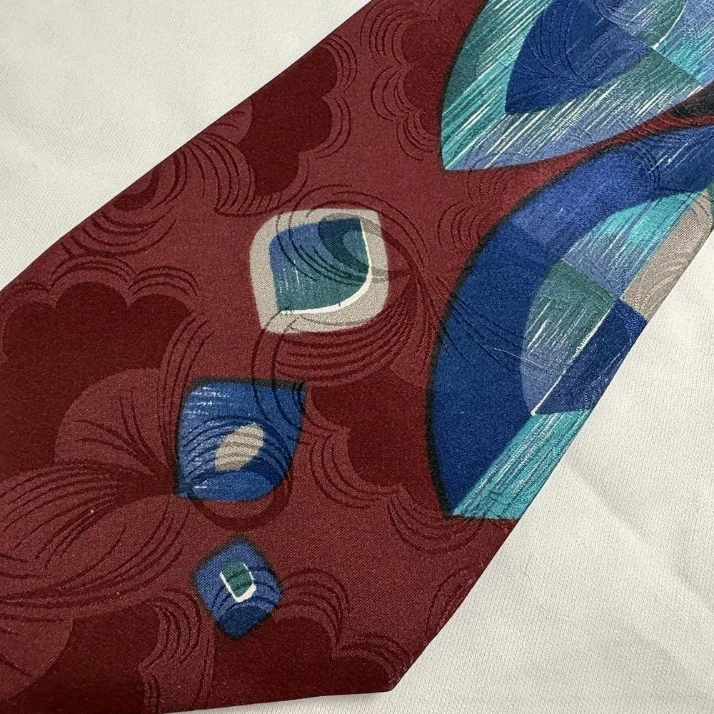 Vintage COURCHEVEL by DAMON Silk Necktie - Bold Geometric Abstract Red Blue Teal